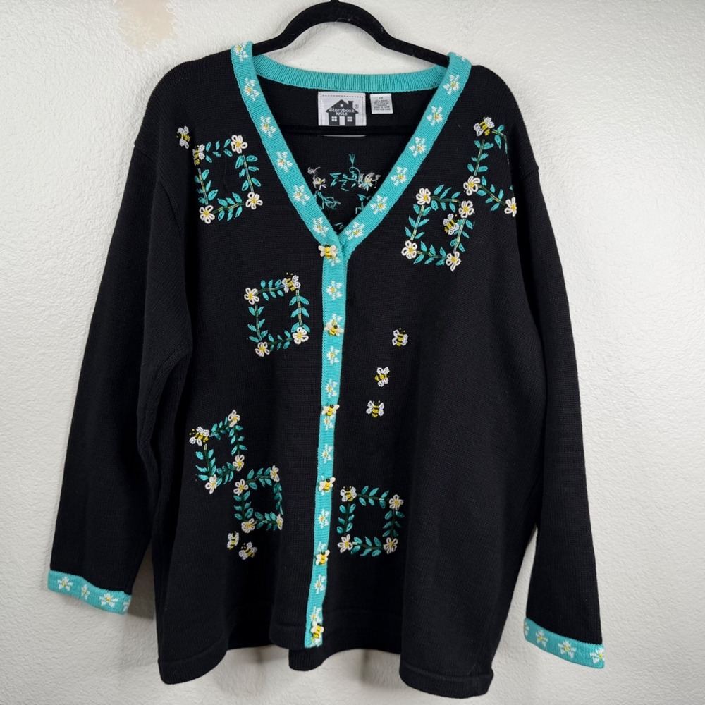 Storybook Knits Sweater Cardigan Black Sz 2X Beaded Embroidered Bees Flowers